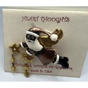 Jewelry Pin Flying Santa Christmas Magic Stars Enamel Gold Tone 2 x 2 ins.